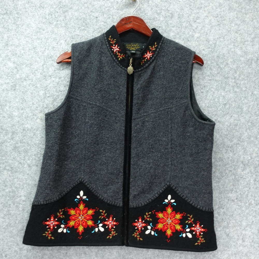 Floral Embroidered Wool Vest L Charcoal Nordic Boho Full Zip Up Icelandic Design